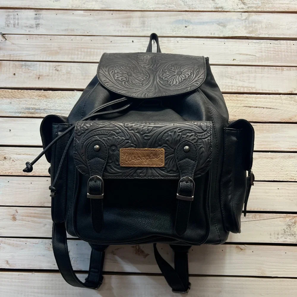 Wrangler Genuine Cowhide Tooled Floral Backpack Black Western Cowgirl Book Bag